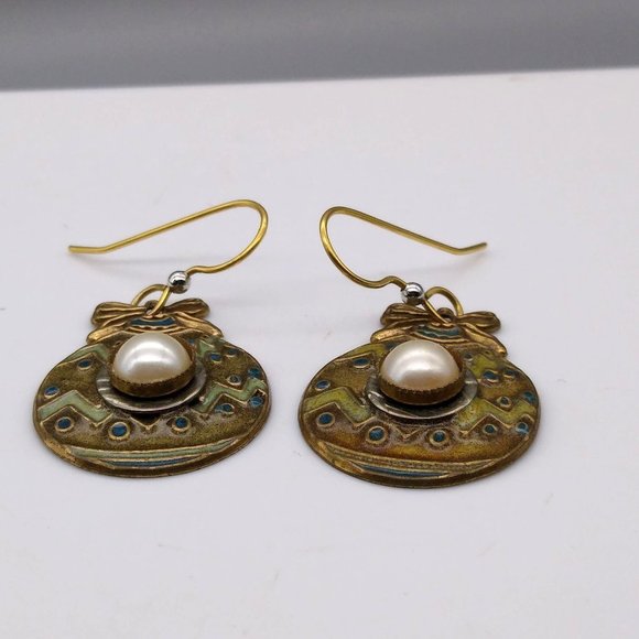 Vintage Brass Ornament Dangle Earrings, Ornate Gold Tone with Green Enamel - Picture 6 of 6